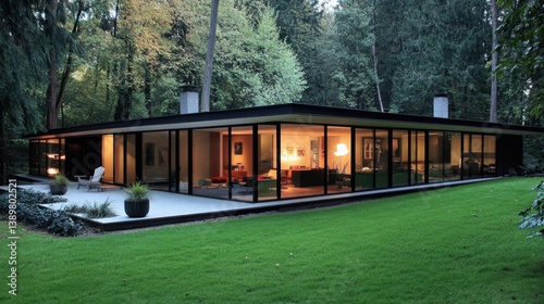 Modern flat roof house with large glass windows, sleek exterior, and minimalist landscaping in front