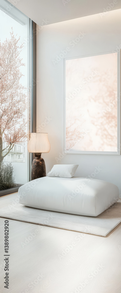 Fototapeta premium Minimalist bedroom with large window showcasing a tranquil outdoor view