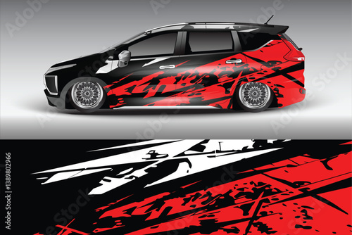 Stylish modified car with bold red and black graphics parked on a sleek gradient background