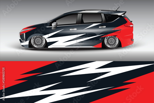 Stylish modified car with dynamic graphics parked on a smooth surface, showcasing urban design elements