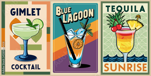 Cocktails retro poster set. Gimlet, Blue Lagoon, Tequila Sunrise. Collection of popular alcohol drinks. Vintage flat vector illustrations for bar, pub, restaurant, kitchen wall art print
