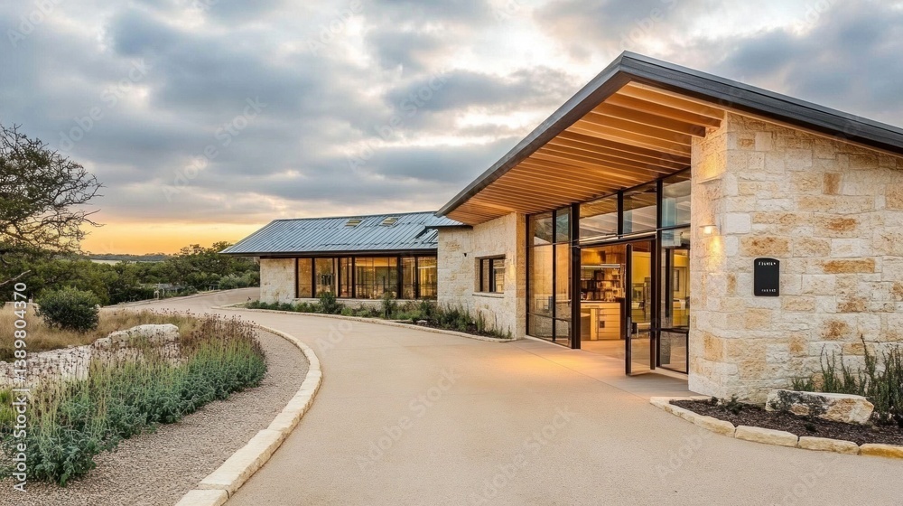 Obraz premium Modern stone building with glass doors and a long winding driveway