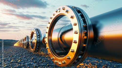 Industrial pipeline with metallic flanges extending into the horizon