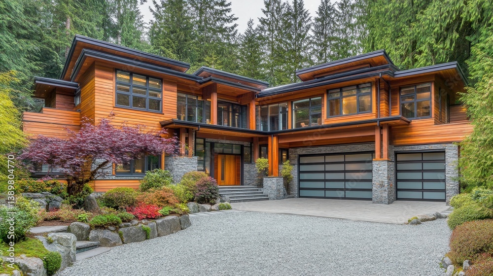Obraz premium Newly constructed wooden home with fresh timber, modern design, and clean gravel landscaping