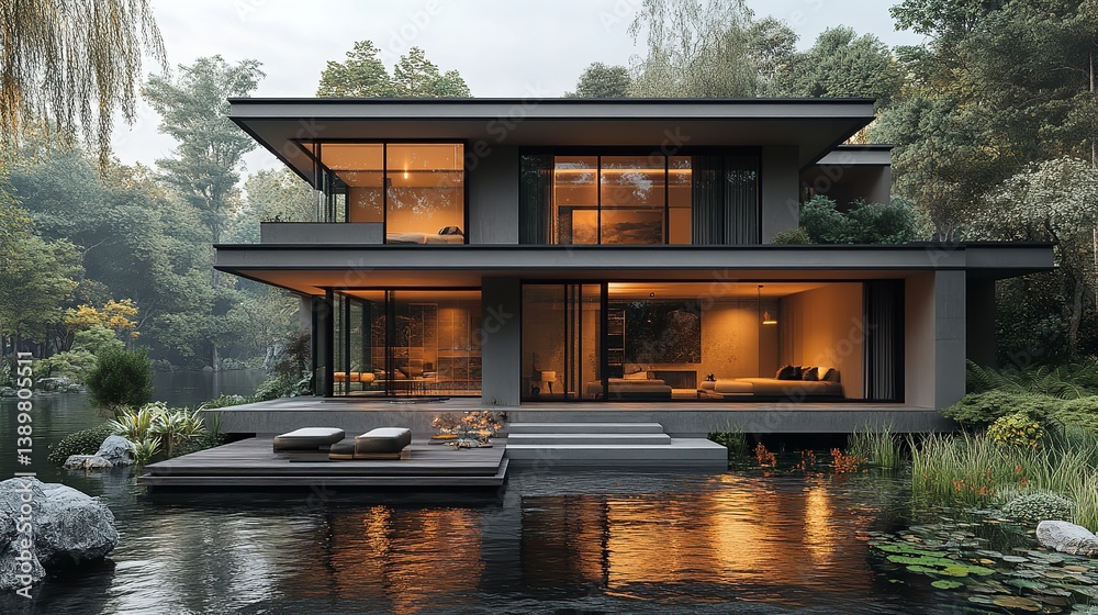 Modern lake house design serene evening ambiance with warm lighting reflecting on water