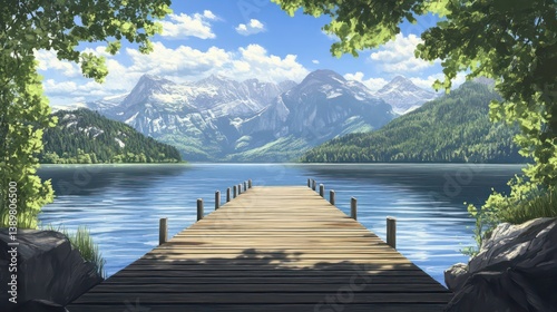 Wooden pier stretches over calm lake. Mountains rise behind tranquil water. Lush green trees frame landscape. Peaceful and serene scene. Ideal for relaxing vacation. photo
