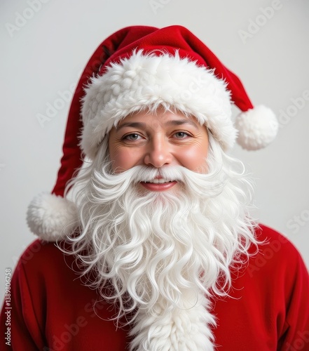 A cheerful man with long, flowing white hair and a full beard, dressed in a classic red Santa Claus outfit complete with a fluffy white trim, stands against a festive backdrop.