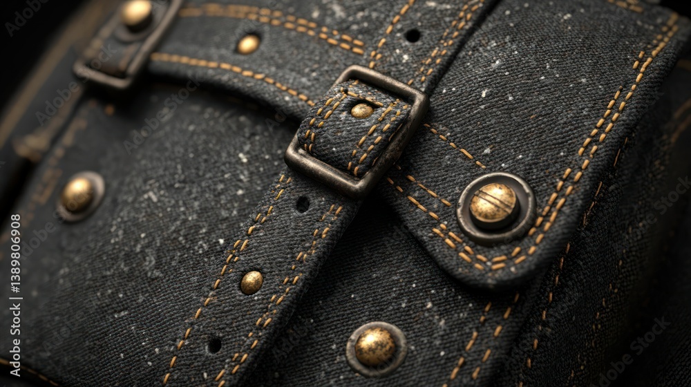 Close-up of dark denim-like material with brass hardware. Detailed stitching and rivets Close-up of dark denim-like material with brass hardware. Detailed stitching and rivets