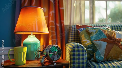 Cozy living room corner with lamp, fan, and colorful decor