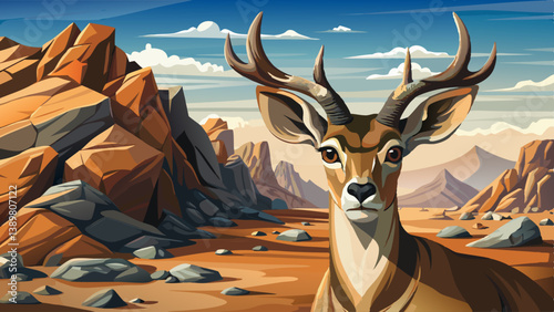 Portrait of majestic red deer stag in sunlit rocky plateau under an empty sky