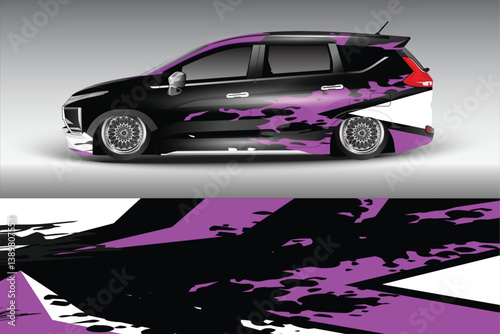 Stylish modified car with vibrant purple and black design parked on a smooth gradient background