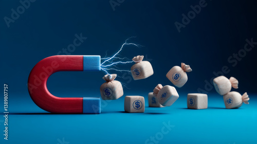 Magnet zieht Geldsäcke an – Symbol für Geldmagnetismus und Finanzerfolg
 photo