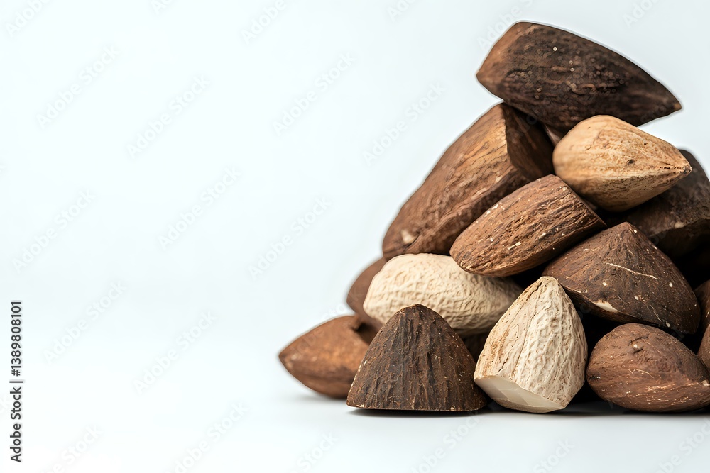 Obraz premium Fresh brazil nuts in shell pile on white background, showing natural organic texture and varying shades of brown, suitable for healthy eating and nutrition concepts.