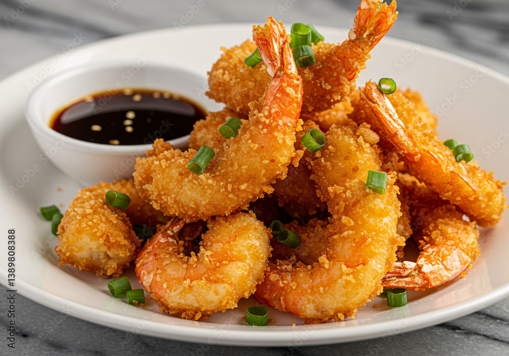 Golden Crispy Fried Shrimp Appetizer with Dipping Sauce on Plate Golden Crispy Fried Shrimp Appetizer with Dipping Sauce on Plate