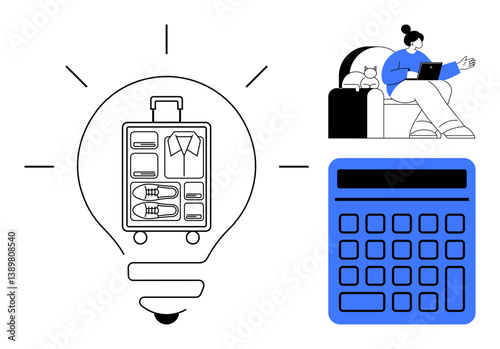 Open suitcase inside a light bulb representing organized packing, large calculator symbolizing budgeting, and a person with a laptop planning. Ideal for travel, packing tips, financial planning