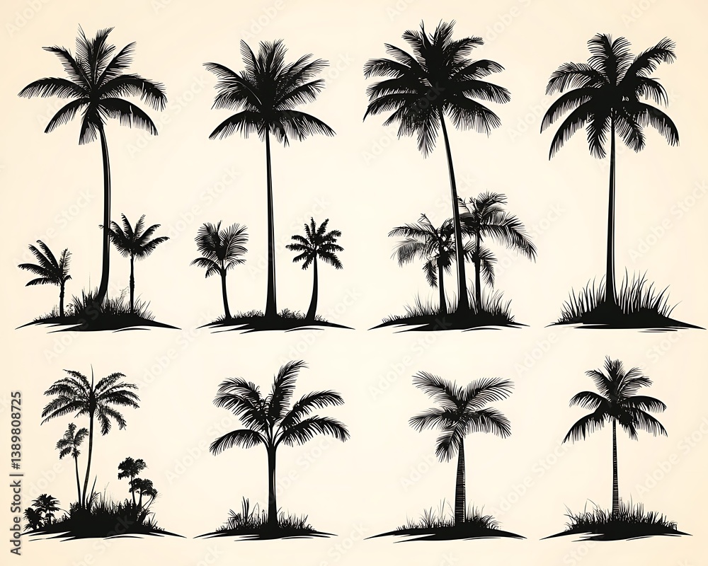 Collection of various stylized silhouettes of different palm trees and foliage Collection of various stylized silhouettes of different palm trees and foliage