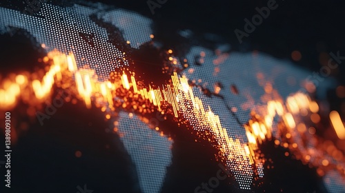 Double Exposure Financial Graph with Glowing Elements and World Map