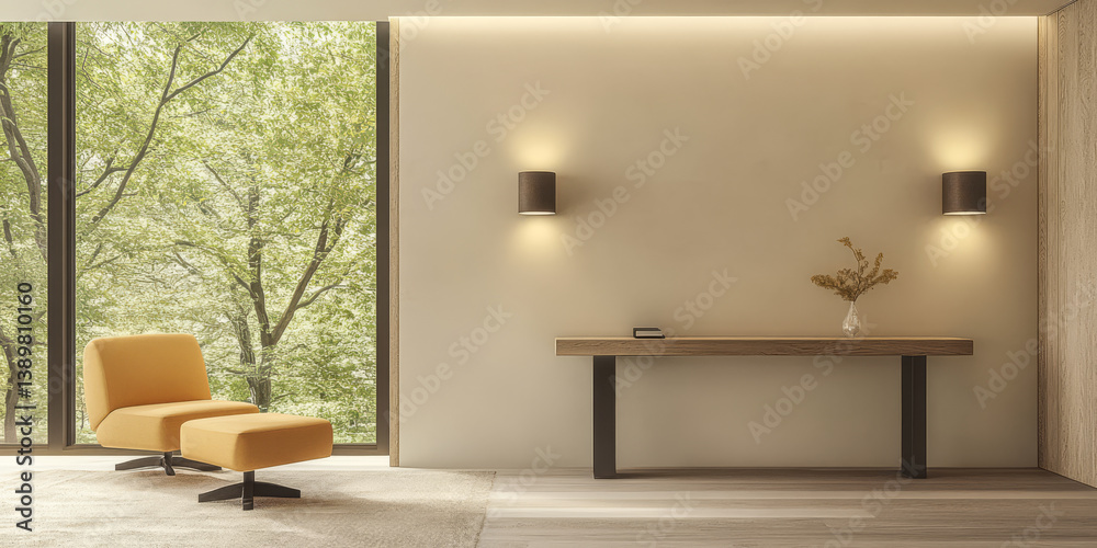 Fototapeta premium Contemporary living space with yellow chair and natural light in a serene setting