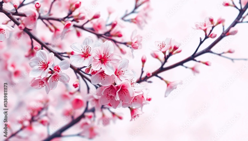 Beautiful pink cherry blossoms blooming in spring with branches under a clear sky Beautiful pink cherry blossoms blooming in spring with branches under a clear sky