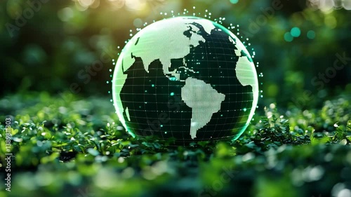 Global environmental awareness grows with digital representation of Earth surrounded by lush greenery in the sunlight