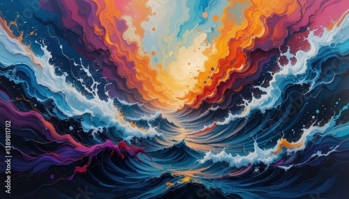 A vibrant painting of an ocean wave, showcasing a dynamic blend of bright blues, greens, and whites, capturing the energy and movement of the water as it crashes against the shore.