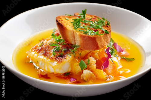 French bouillabaisse with rockfish and saffron broth photo