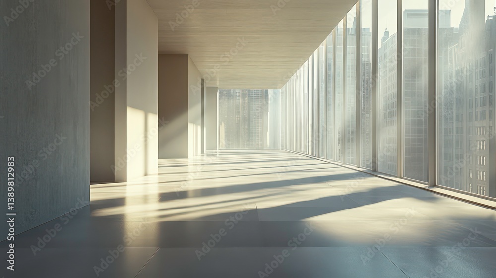 Obraz premium Empty modern gallery space with city view. Sunlight streams into room. Sleek design with large windows. Stylish interiors. Minimalist aesthetic. Perfect for art advertising. Interior shot of