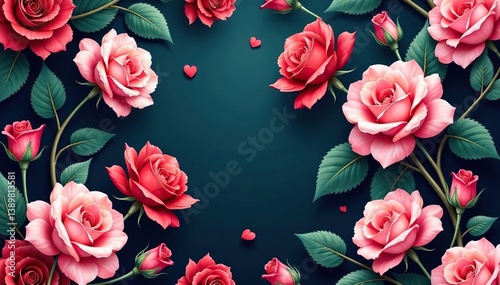 Elegant, continuous blooming roses and leaves seamless background, delicate, rose pattern, repeating pattern