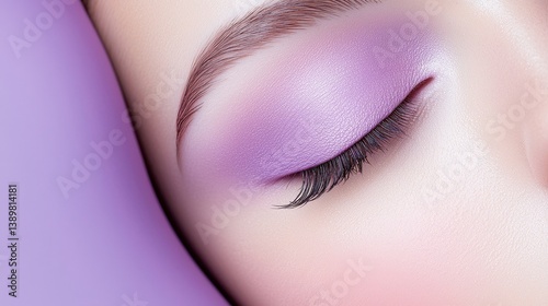 Make up and purple blush concept. A close-up view of a beautifully made-up eye featuring shimmering purple eyeshadow, enhancing the eyelid and brow with a soft, elegant look.