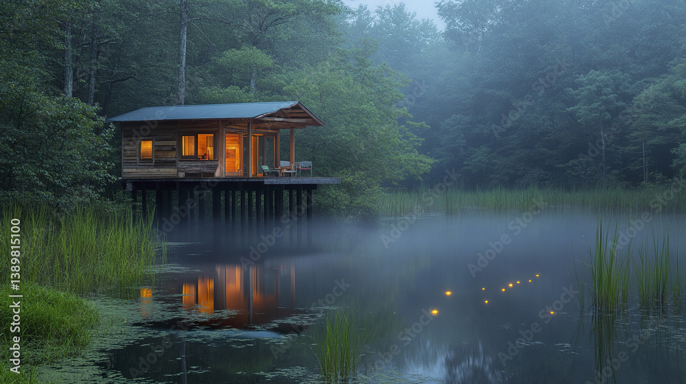 Fototapeta premium cozy cabin on stilts by foggy swamp with glowing fireflies