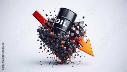 Crushed bent barrel of oil with arrow pointing down as symbol of falling price. Isolated on white background. Falling oil prices, falling crude oil prices and decreasing cost of gas as fuel, concept w