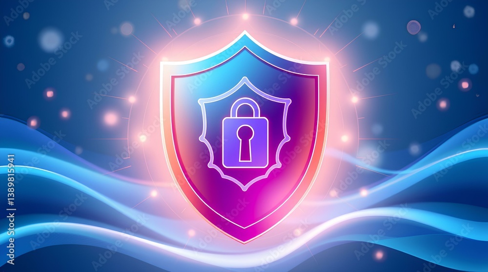 Fototapeta premium Digital Security Concept Illustration with Glowing Shield and Lock Icon on Blue Background with Light Waves and Particle Effects