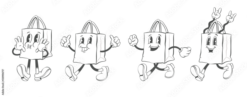 Fototapeta premium Retro groovy shopping mascot, vintage cartoon shopping cart and bags characters, rubber hose style