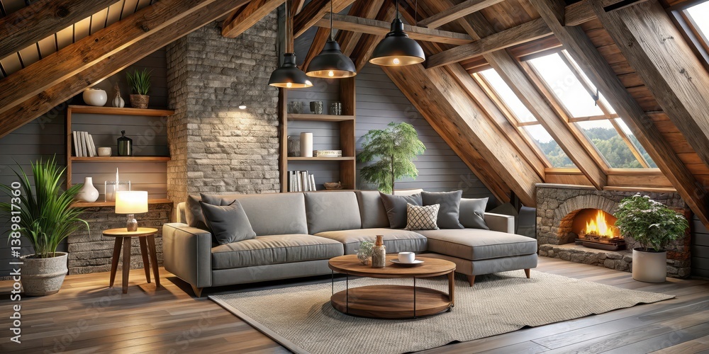 Fototapeta premium Cozy grey attic living room with a plush sofa and floor lamps, surrounded by wooden beams and natural stone fireplace , wood, grey