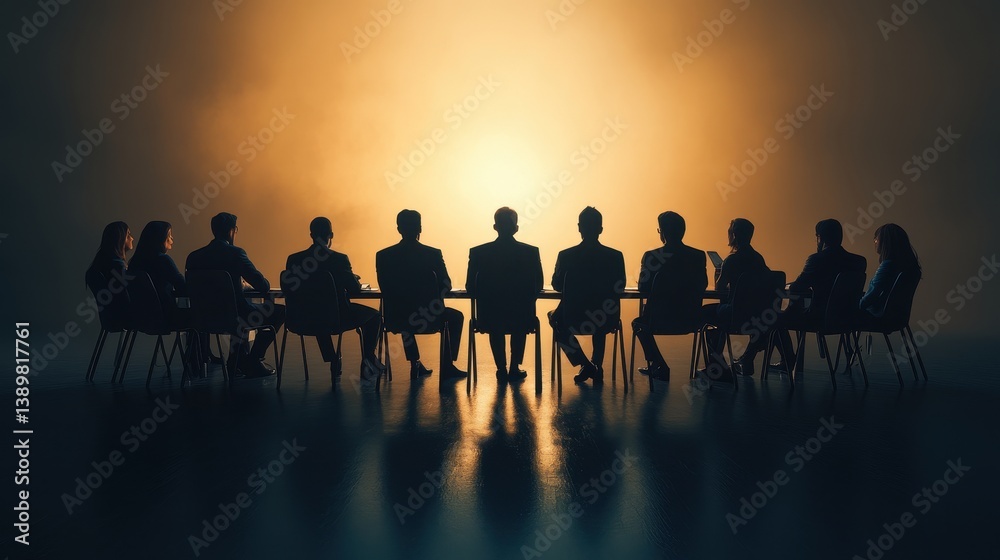 Silhouetted business meeting against warm light background. Silhouetted business meeting against warm light background.