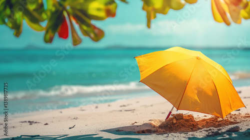 Bright yellow beach umbrella on tropical shore for summer holiday advertisements and coastal vacation website banners