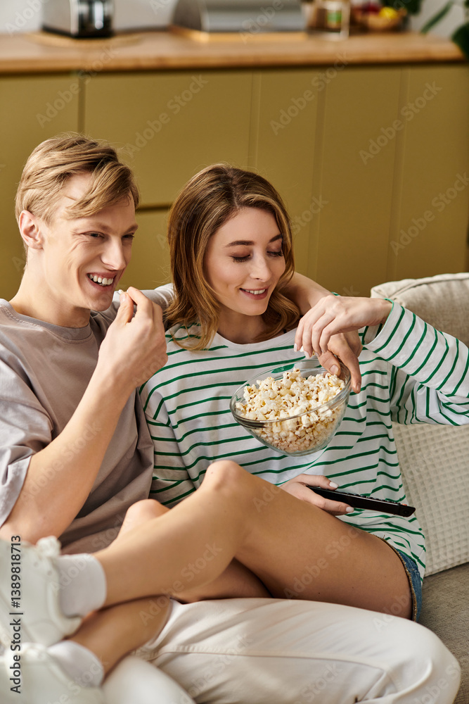 Loving couple enjoying movie night at home with popcorn and joy Loving couple enjoying movie night at home with popcorn and joy