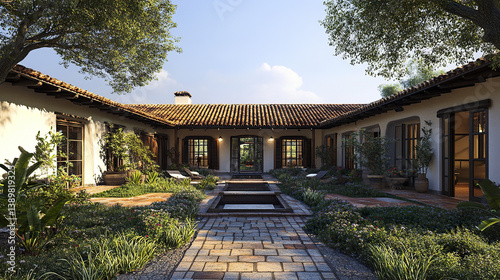 Traditional Spanish hacienda with tiled roof and courtyard garden