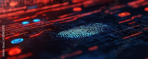 Cyberthemed fingerprint on a holographic interface with floating icons, reflecting advanced authentication systems photo