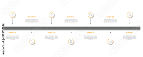 Infographic roadmap design template. Business Timeline of 7 Important Business Events annual business presentation. Vector illustration