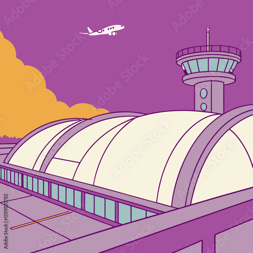 Vector vibrant illustration of an airport terminal with a control tower and an airplane flying overhead, showcasing the essence of travel. Isolate on clean background,