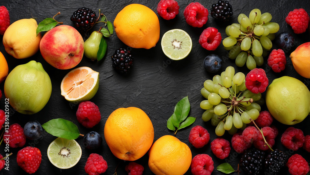 Colorful Fresh Fruits on a Black Background for a Stunning Display