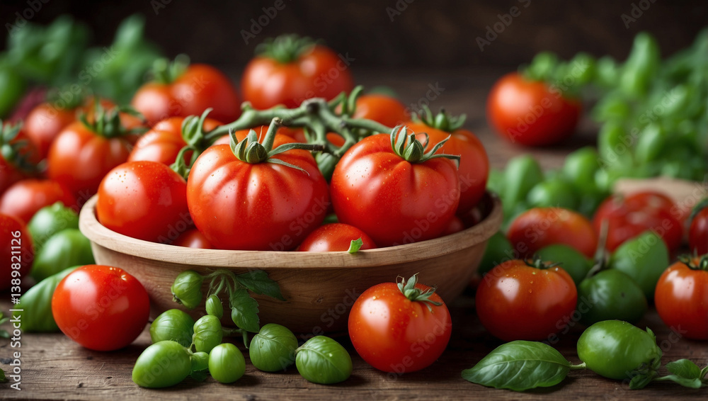 Juicy Fresh Delicious Tomatoes with Leaves for a Healthy Culinary Experience