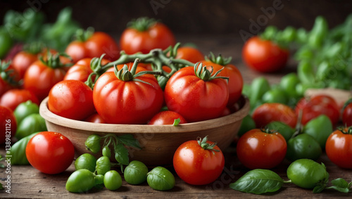 Obraz na płótnie Juicy Fresh Delicious Tomatoes with Leaves for a Healthy Culinary Experience w salonie