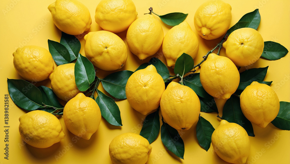 Bright Fresh Lemons with Green Leaves on a Yellow Background for a Cheerful Look