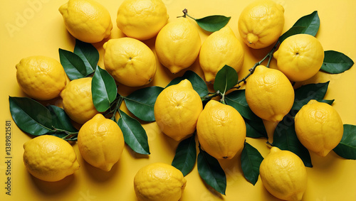 Obraz na płótnie Bright Fresh Lemons with Green Leaves on a Yellow Background for a Cheerful Look w salonie