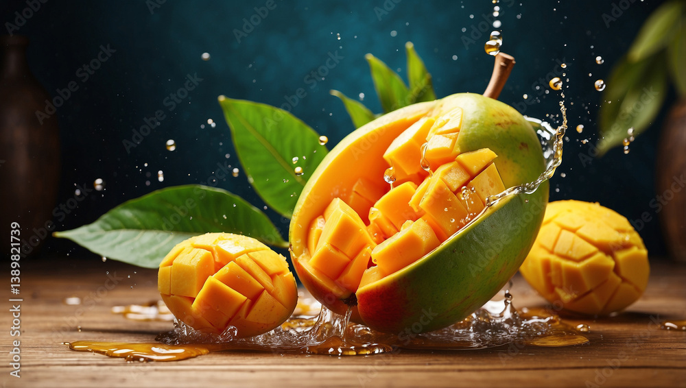 Juicy Fresh Mango with Splashing Juice and Leaves for a Tropical Delight