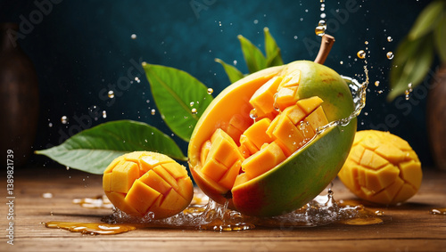 Obraz na płótnie Juicy Fresh Mango with Splashing Juice and Leaves for a Tropical Delight w salonie