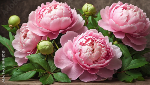 Obraz na płótnie Beautiful Fresh Pink Peony Flowers with Green Leaves for a Vibrant Display w salonie
