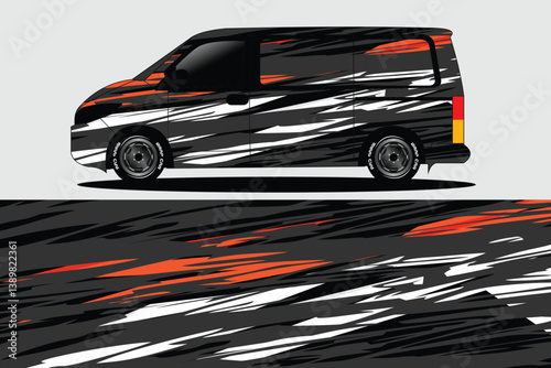 Stylish van design featuring dynamic black, white, and orange graphics against a neutral background